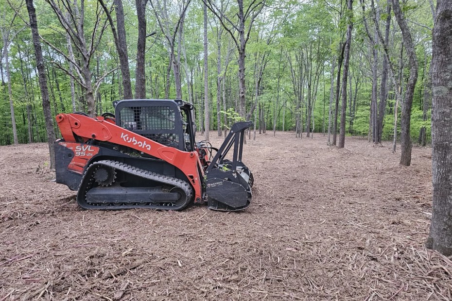 Kubota skid-steer with forestry mulcher clearing cedar thickets in Tennessee